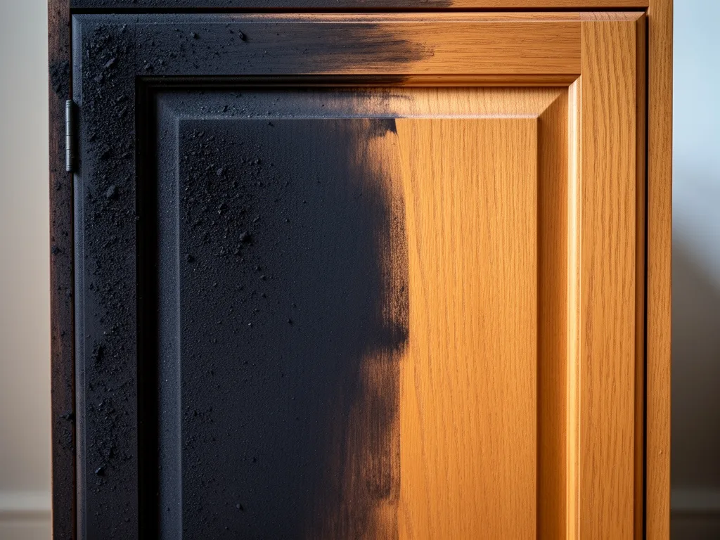 Close-up of a cabinet door with soot on one half and a cleaned patch