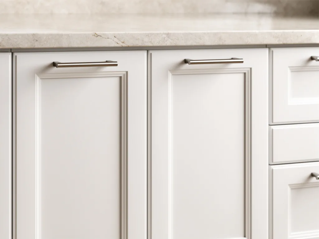 Clean white kitchen cabinet doors under a pale countertop edge