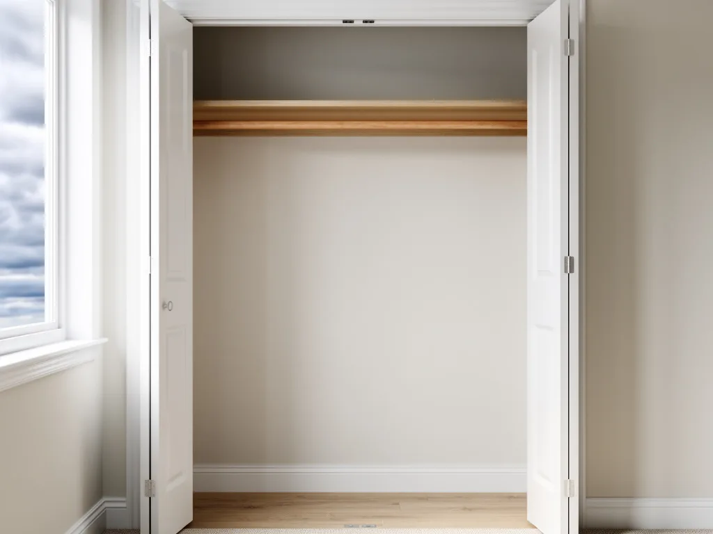 Clean painted closet wall with a bare shelf and white baseboard