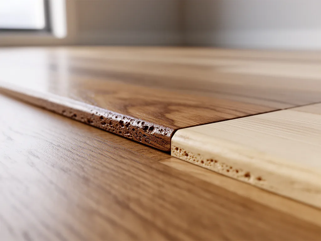Close-up of a water-cupped floorboard beside a flat, dry board